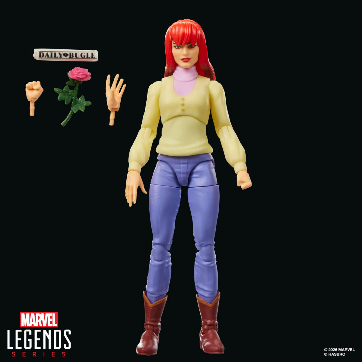 Marvel Legends Mary Jane Watson figure with alternate hands rose and Daily Bugle accessory